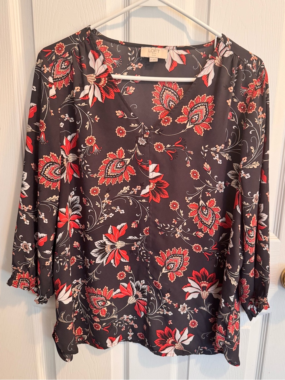 LOFT Black Floral V-Neck Blouse with Red & White Accents